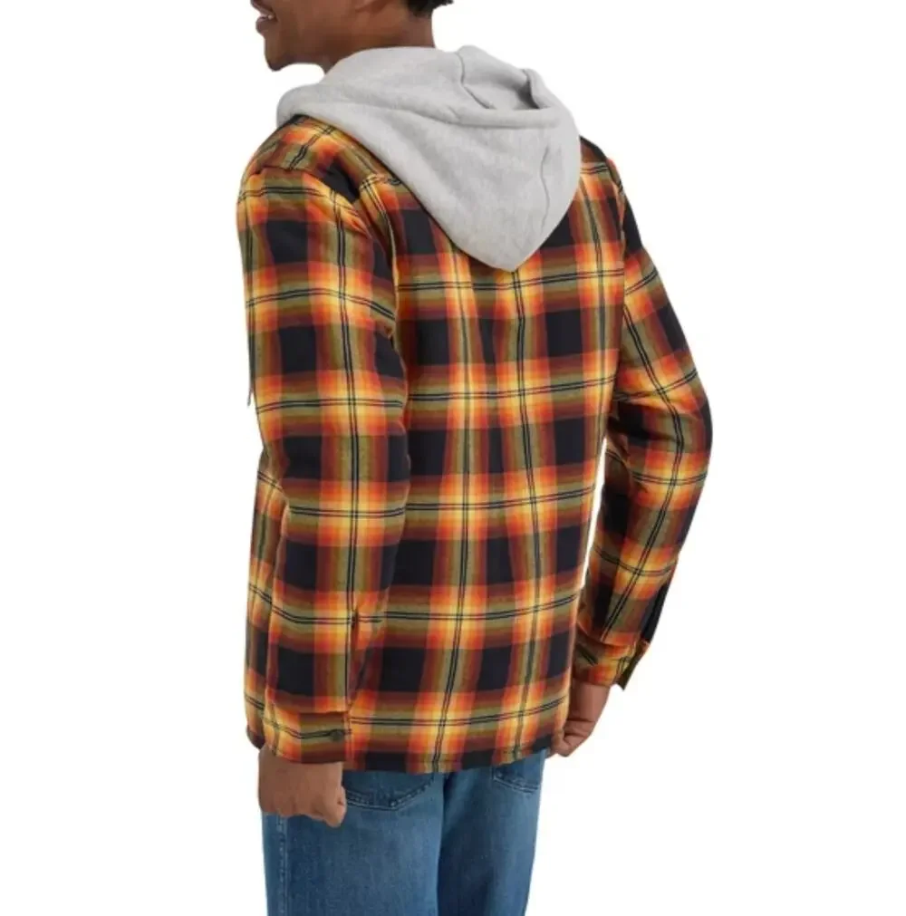 Wrangler Men's Heavyweight Hooded Shirt Jacket Shacket Plaid Yellow Orange Sz S